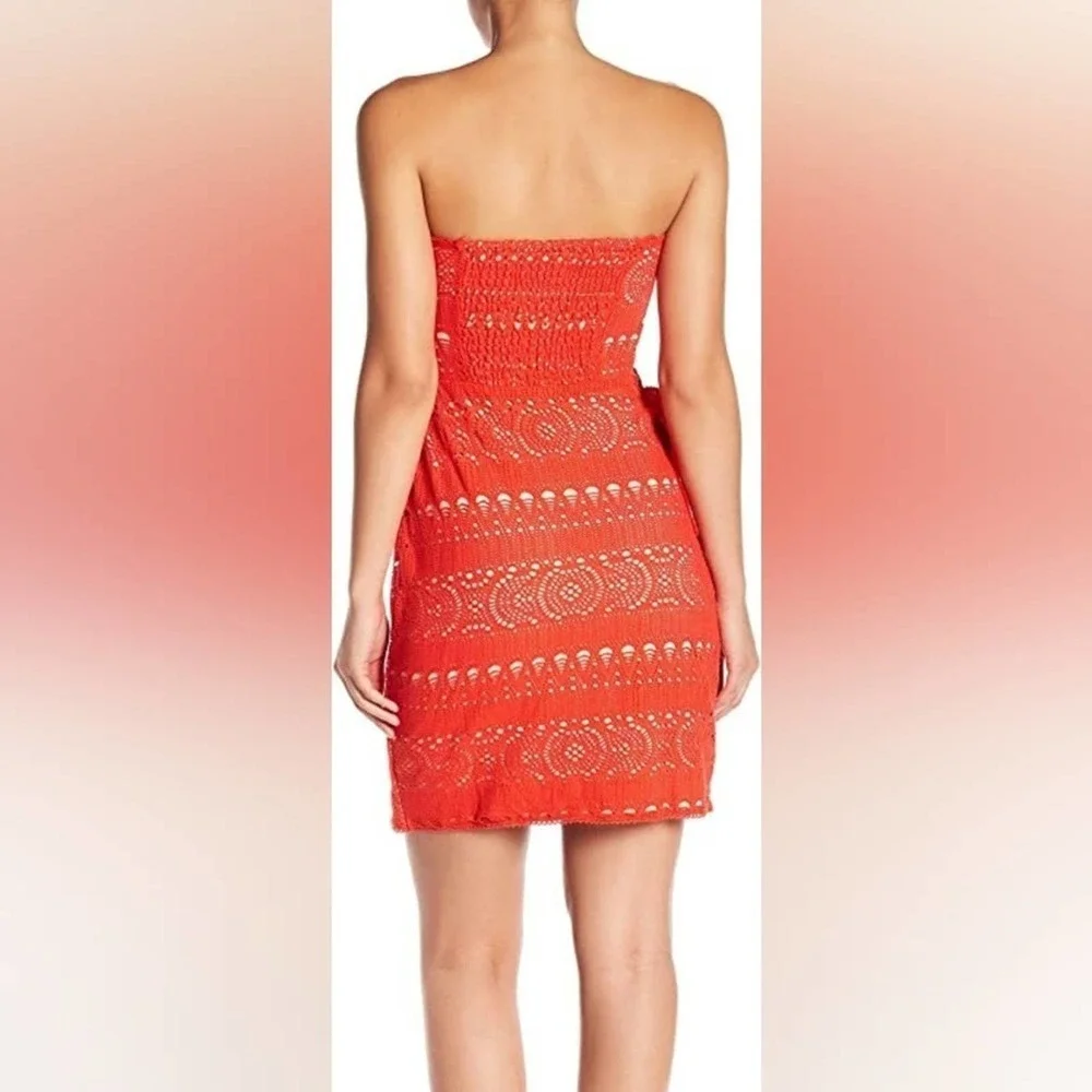 Free People, Oceanside orangy red Crochet Strapless Minidress size‎ large new!!!
